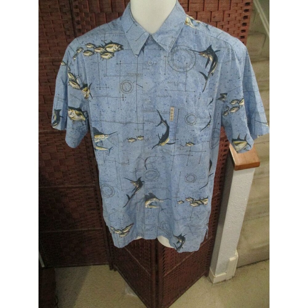 Mens Columbia All Over Print Shirt Fish Marlins Nautical Size Medium Button Up